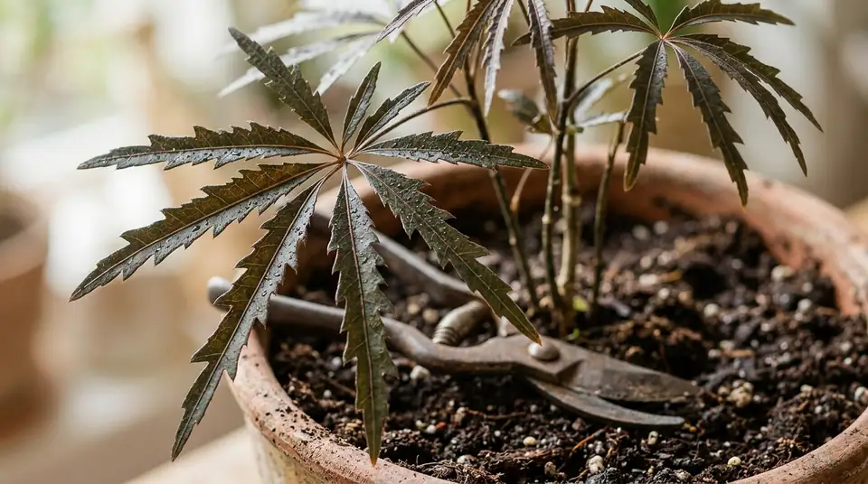Pruning shears resting in the soil of a potted false aralia plant