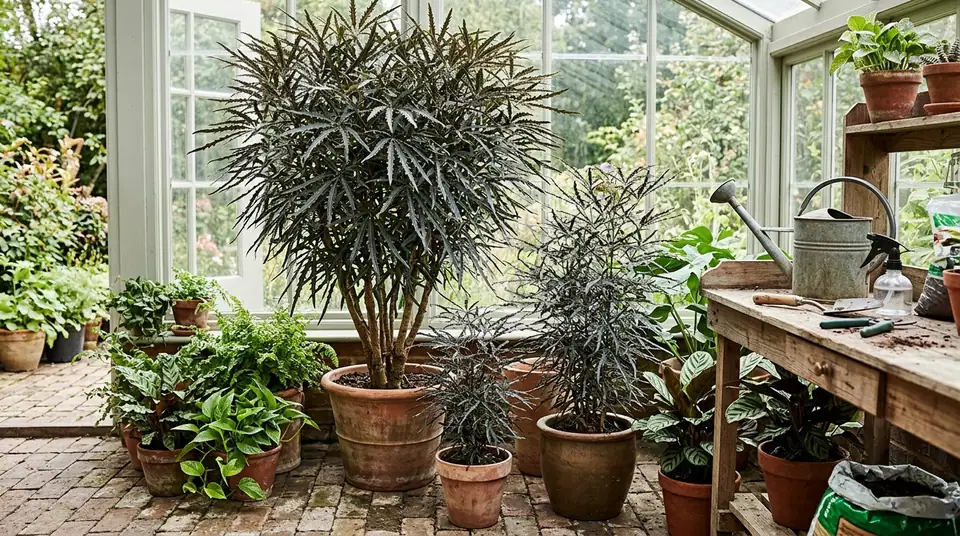 False aralia plants in terracotta pots inside a greenhouse