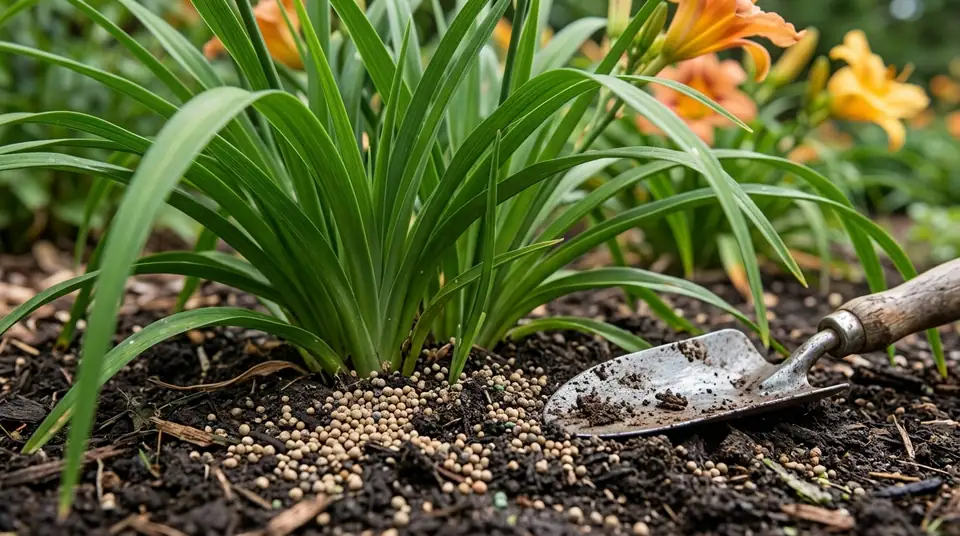 Granular fertilizer on soil next to daylilies and a garden trowel