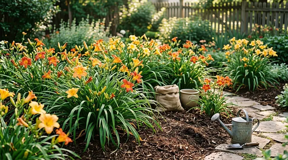 Green daylily plants with orange and yellow blossoms growing in a sunny garden bed alongside a watering can and a burlap bag