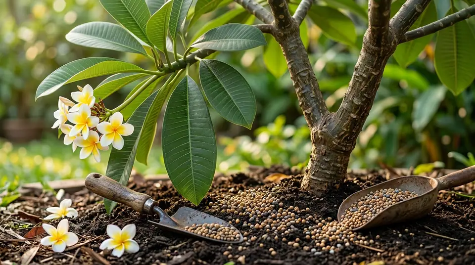 Granular fertilizer and garden trowels on soil near a blooming plumeria tree