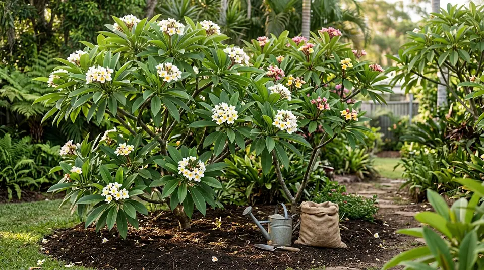 Lush plumeria tree in a garden bed with a watering can and fertilizer bag
