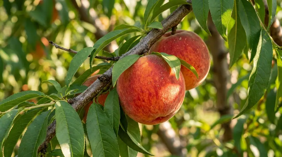 Ripe red and yellow peaches hanging on a leafy Flamin Fury branch