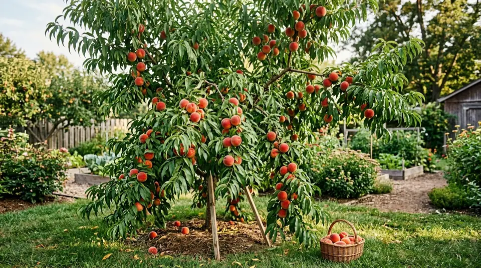 Mature Flamin Fury peach tree laden with ripe fruit in a sunny garden