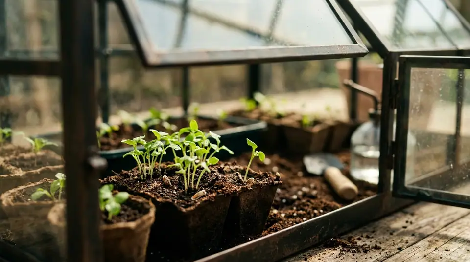Small green seedlings sprouting in peat pots inside a glass floor greenhouse
