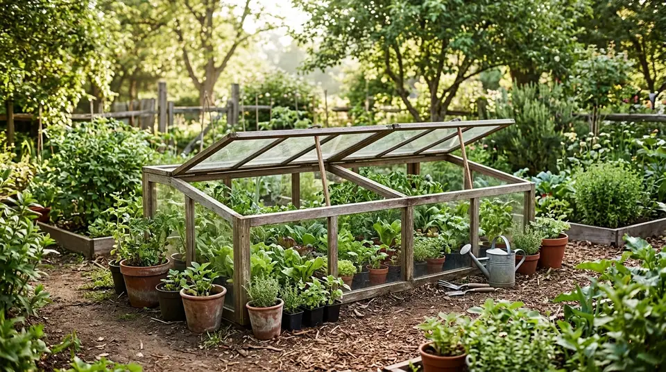Wooden floor greenhouse filled with potted plants in a lush garden