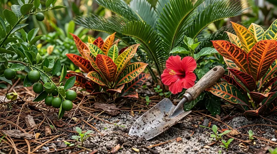 A gardening trowel rests in sandy soil amid colorful crotons, a red hibiscus, and a citrus branch with green limes
