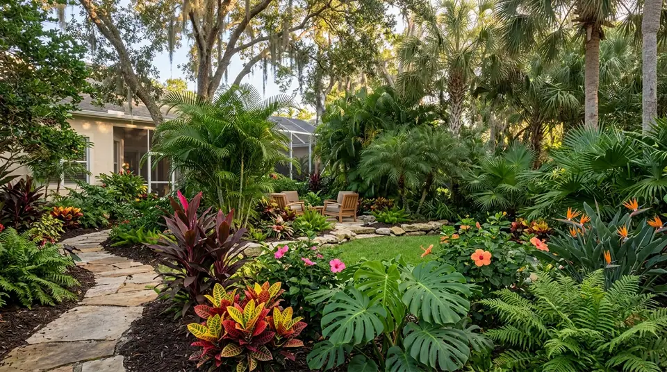 Lush Florida backyard with stone path, tropical plants, palms and flowering shrubs