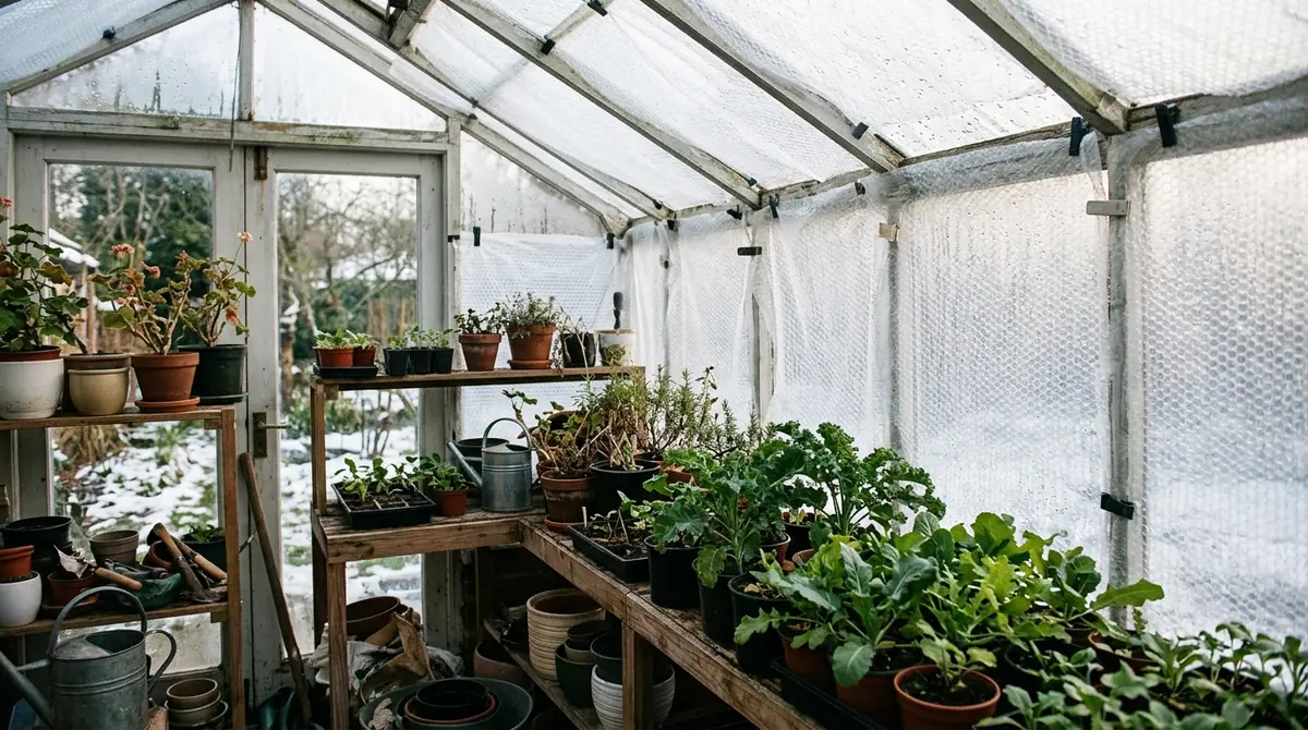 Greenhouse interior insulated with clear bubble wrap lining the glass walls and roof