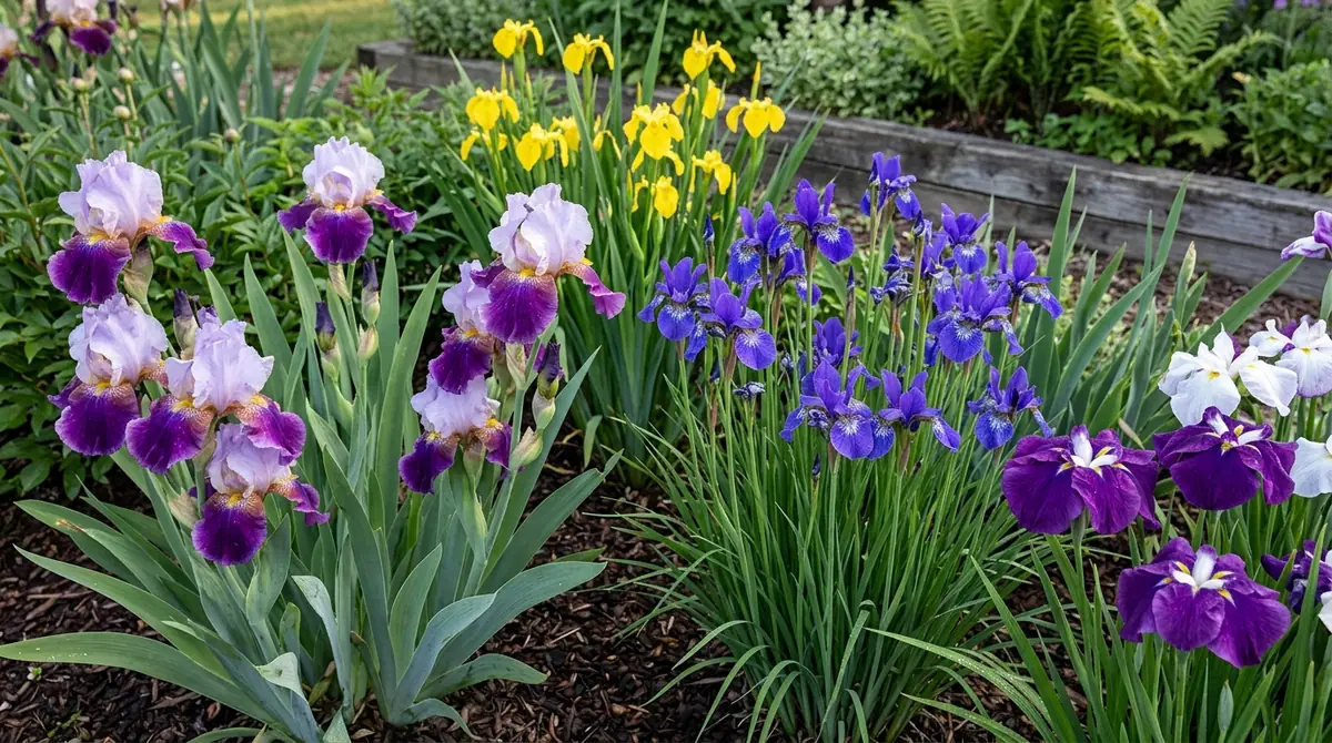 Colorful purple, yellow, and white irises blooming in a garden bed