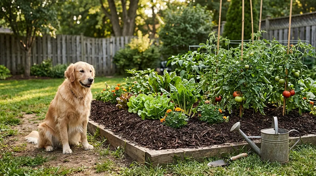 Golden retriever sitting on the lawn next to a raised garden bed covered in mulch