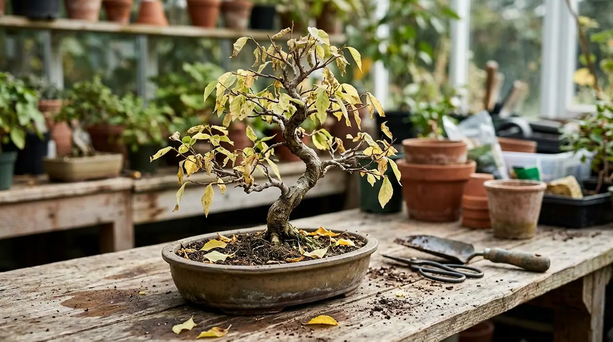 Unhealthy bonsai tree with fading yellow leaves on a weathered wooden workbench