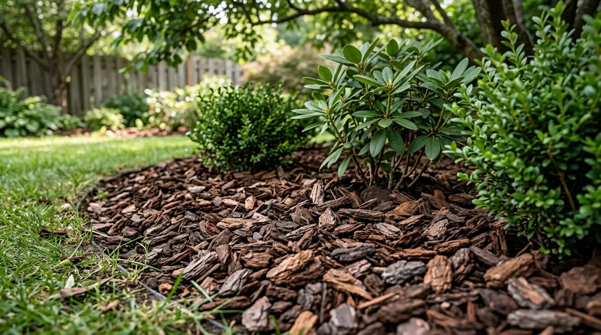 Green shrubs surrounded by fresh brown pine bark mulch in a garden bed