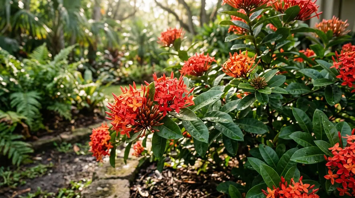 Bright red clusters of Ixora Maui Red flowers blooming in a lush garden setting