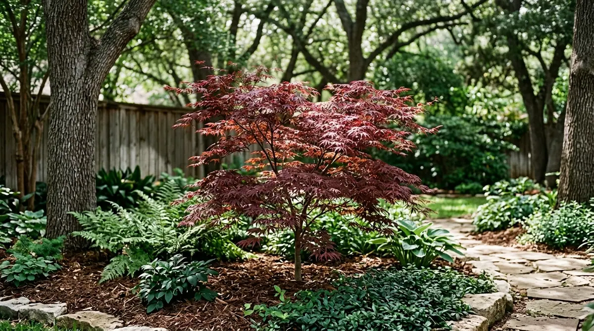 Lush Japanese maple with burgundy leaves in a shady backyard garden bed