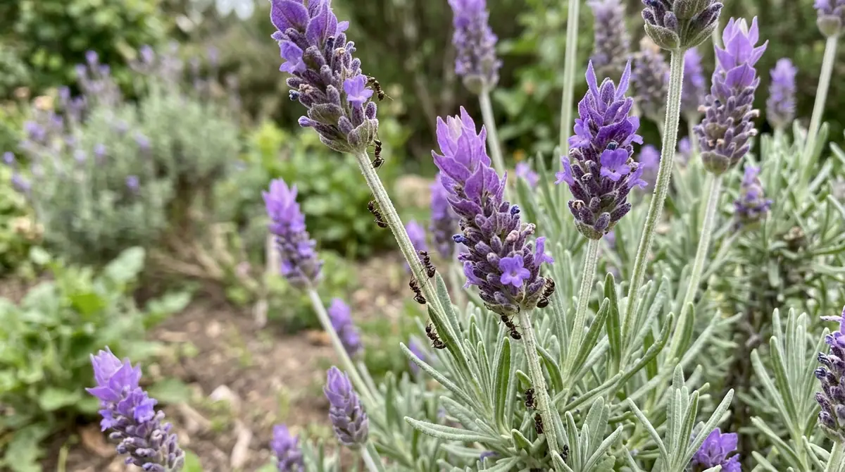 Several tiny ants crawl up the stems and purple flower spikes of a lavender plant