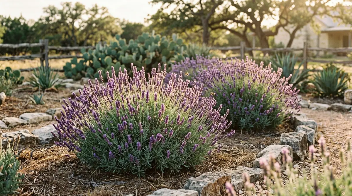 Bushy lavender plants blooming in a sunny Texas garden bordered by rocks