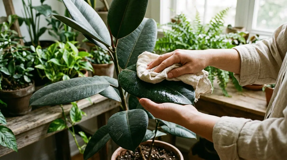 Hands gently wiping dust from a rubber plant leaf with a cloth indoors