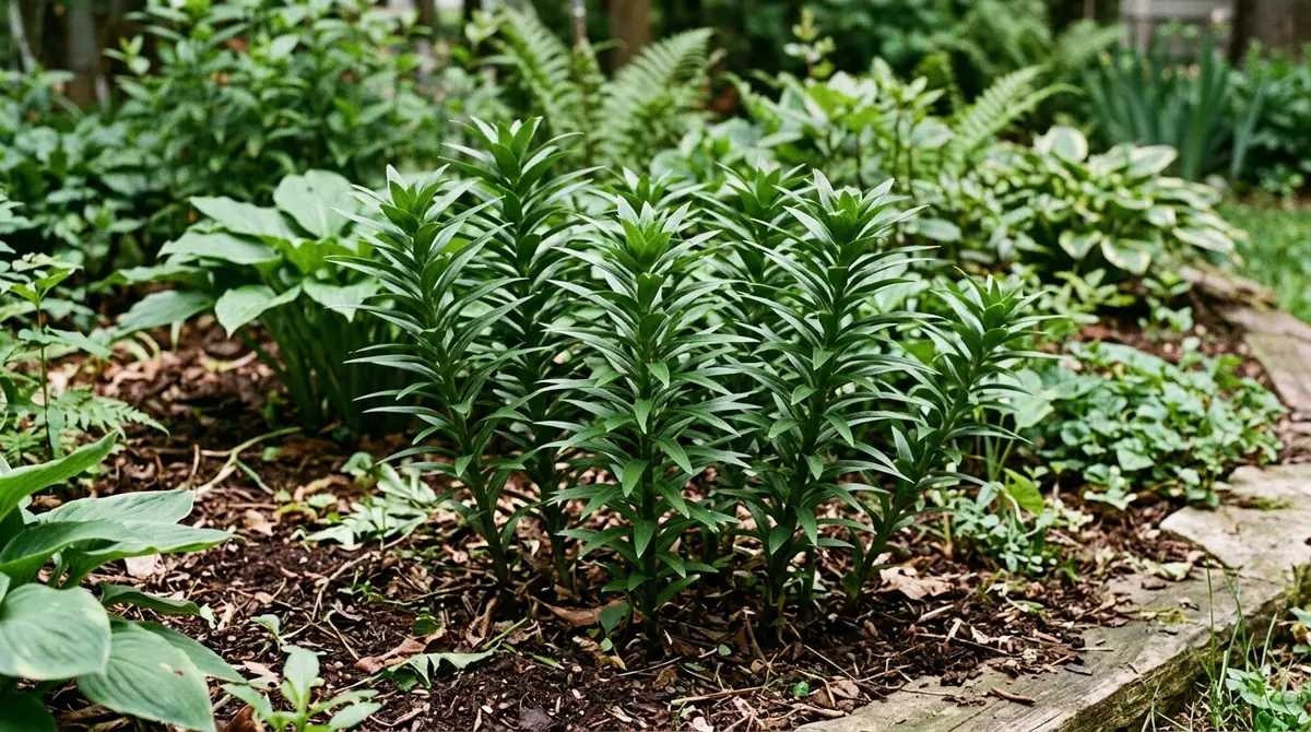 Cluster of green lily stalks with whorled leaves growing in a garden bed