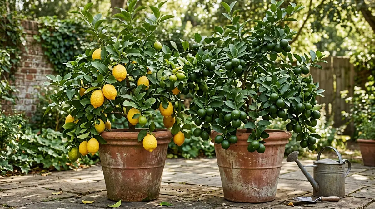 Two potted citrus trees with lemon and lime fruit standing side by side on a patio