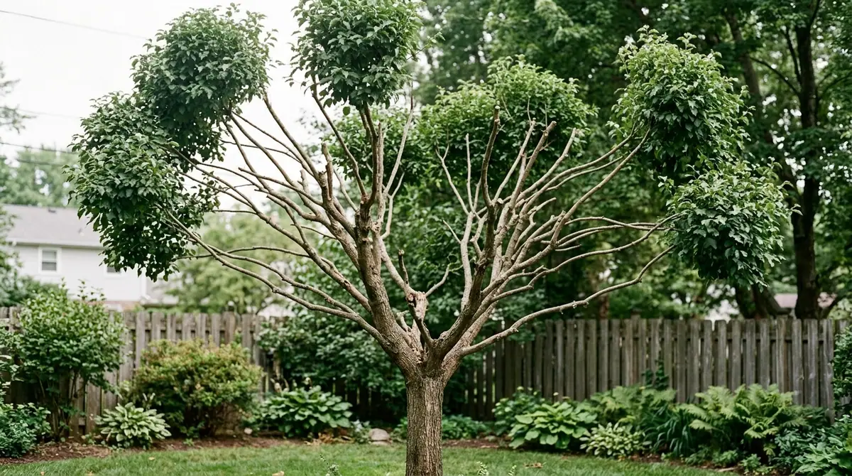 Deciduous tree heavily pruned with foliage left only at branch tips in a backyard setting