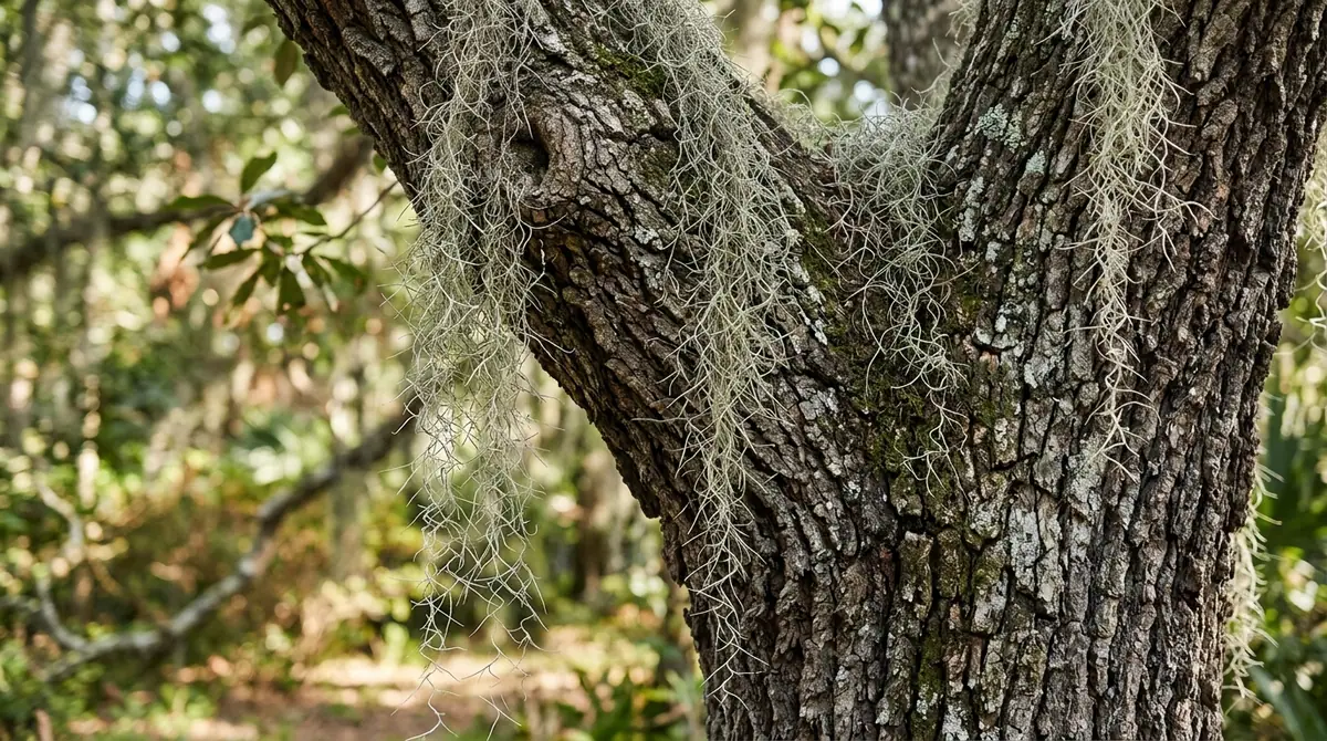Rough, furrowed bark on a live oak tree draped with Spanish moss in a forest setting