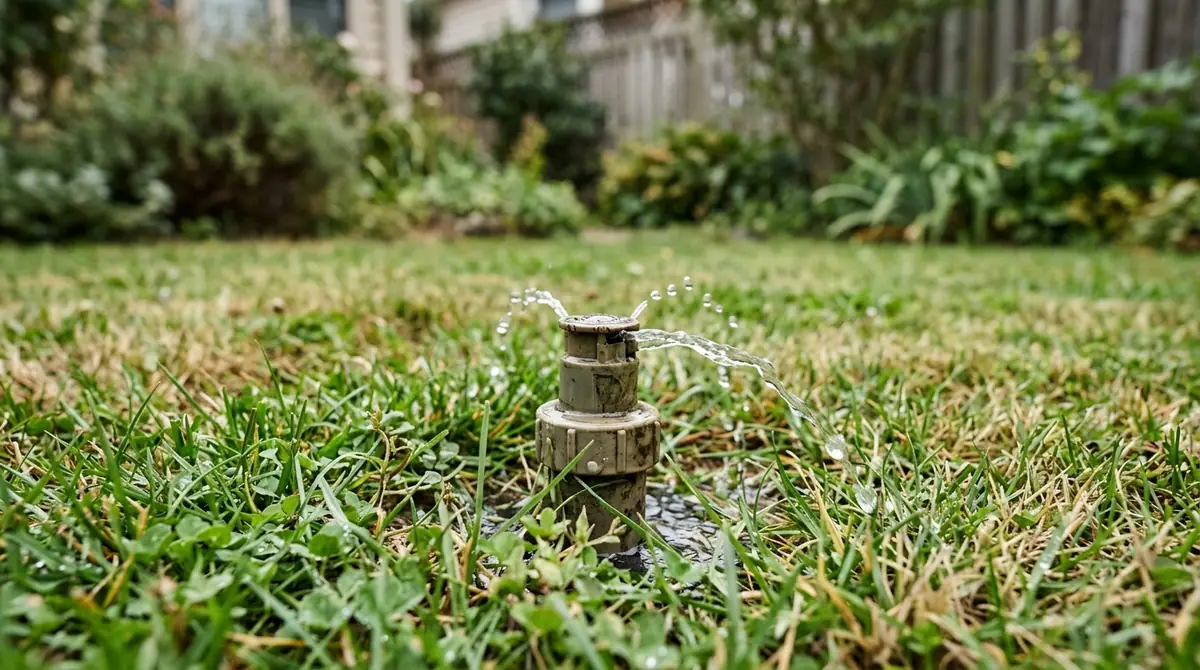 Low pressure sprinkler spraying water weakly in a green lawn