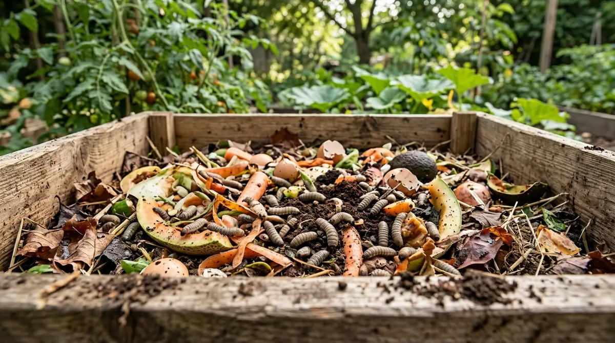 Maggots crawling over food scraps in a wooden compost bin outdoors