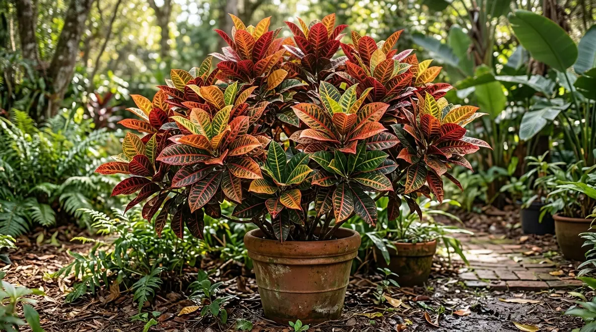 Potted croton plant with colorful red, yellow, and green foliage in a garden setting