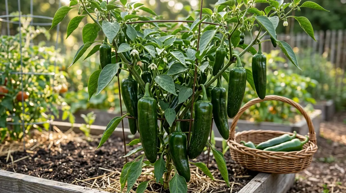 Lush mammoth jalapeno plant laden with large dark green peppers in a raised garden bed with a woven harvest basket