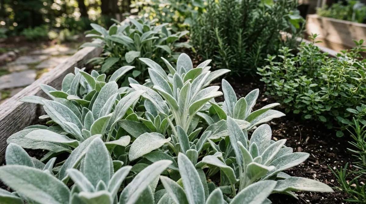 Fuzzy silver lambs ear leaves growing in a raised garden bed alongside other herbs