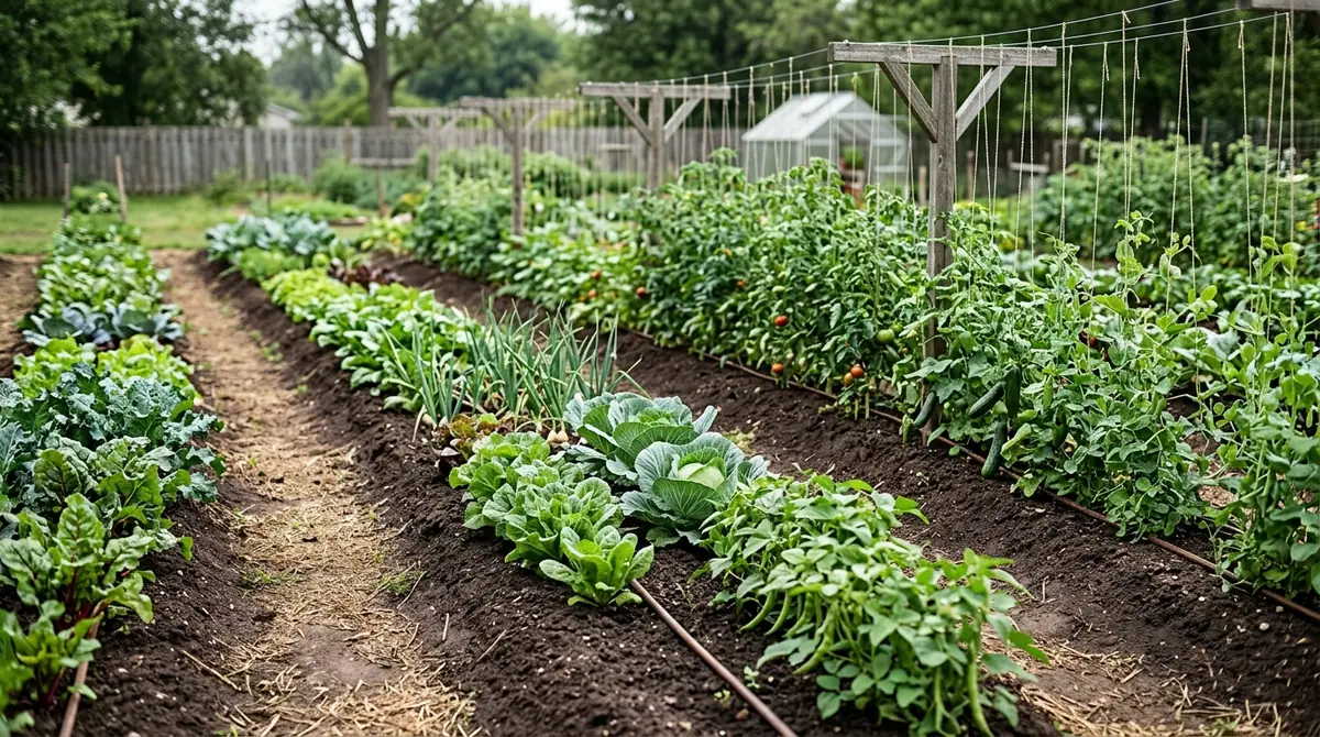Row crops of vegetables growing in a backyard garden with hanging trellises