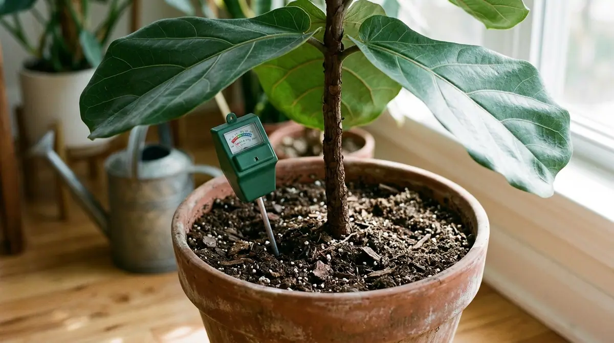 Green moisture meter inserted in the soil of a potted fiddle leaf fig plant