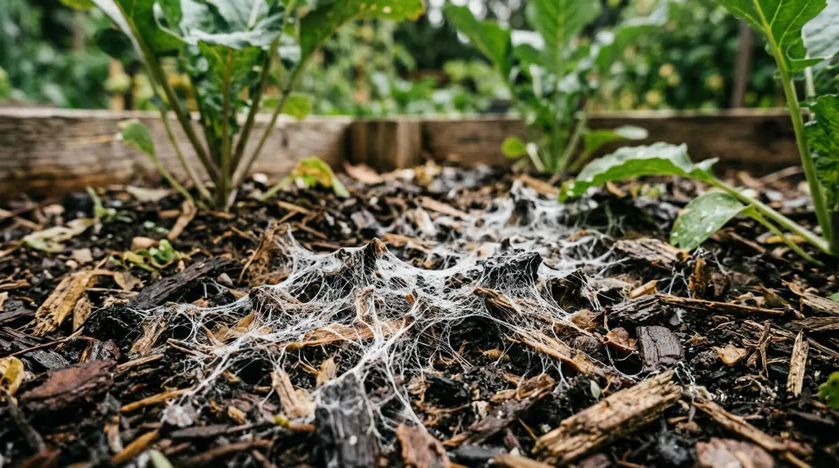 White web-like mold spreading across mulch in a raised garden bed with leafy greens