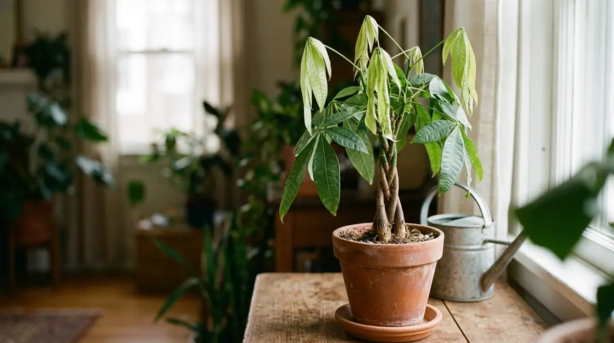 Potted money tree on a wooden table with drooping new light green leaves