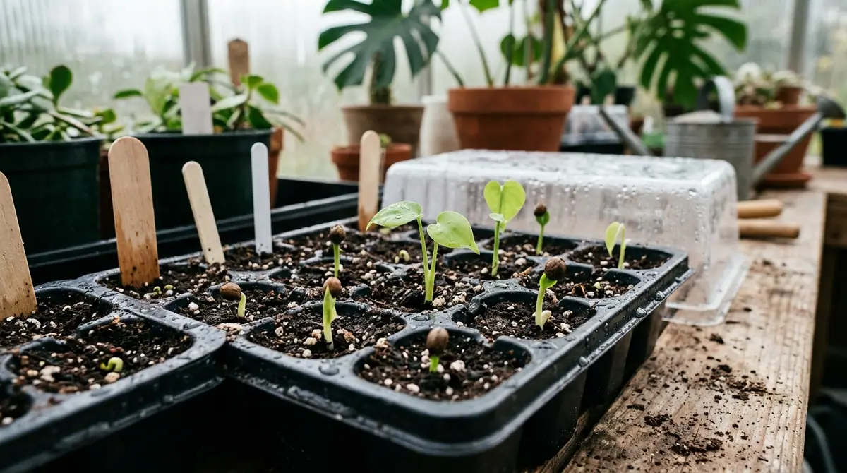 Tiny monstera seedlings sprouting in a black plastic propagation tray on a potting bench