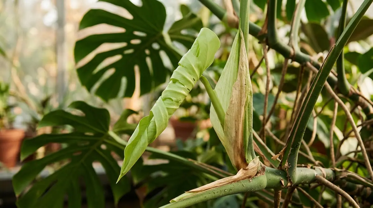 A light green monstera leaf unfurling from a dry brown sheath on the stem