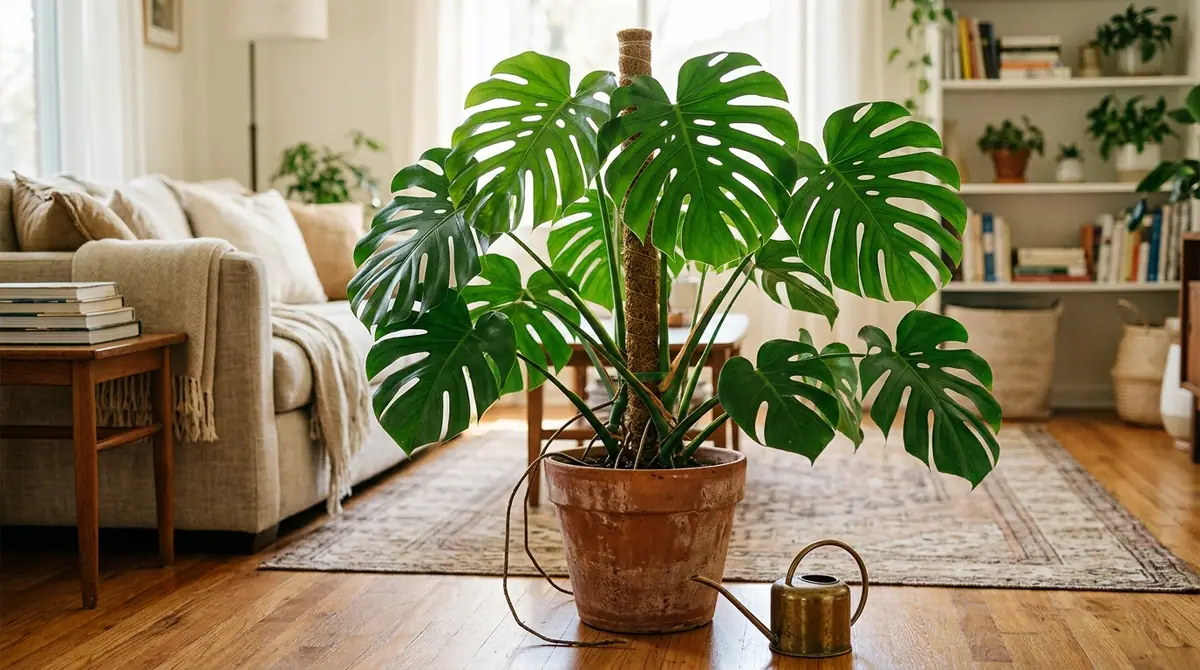 Potted monstera plant with a moss pole in a bright living room