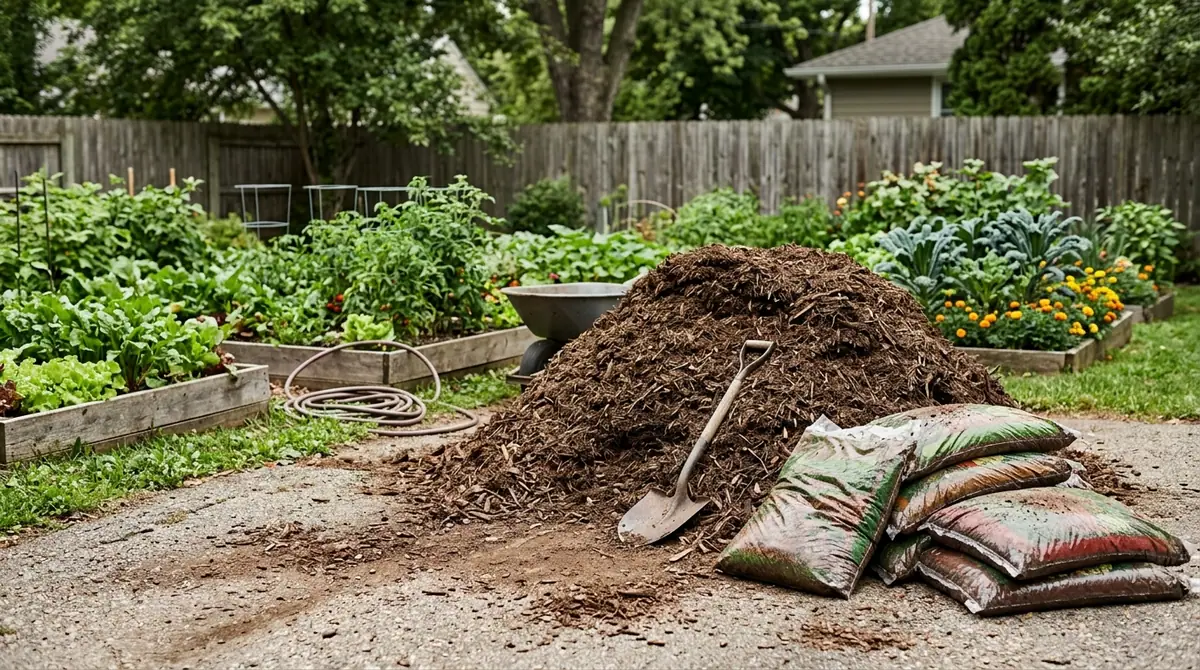 Large pile of bulk mulch and several plastic bags of mulch with a shovel in a backyard garden