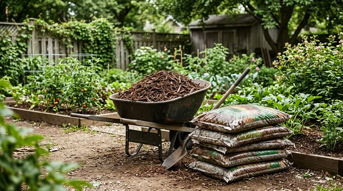 Wheelbarrow filled with bulk mulch beside a stack of bagged mulch in a garden