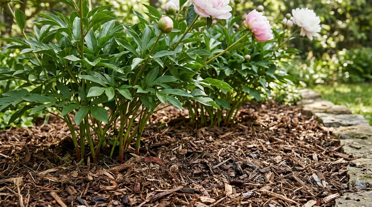 Lush peony bush growing in a garden bed covered with wood chip mulch