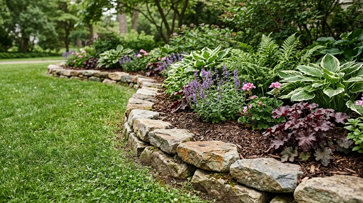 Natural stone edging bordering a lush garden bed filled with hostas and purple flowers against a green lawn