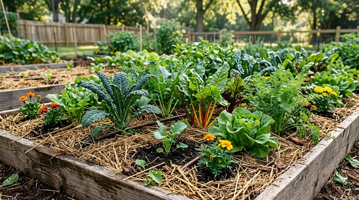 Raised wooden garden beds mulched with straw and filled with leafy vegetables