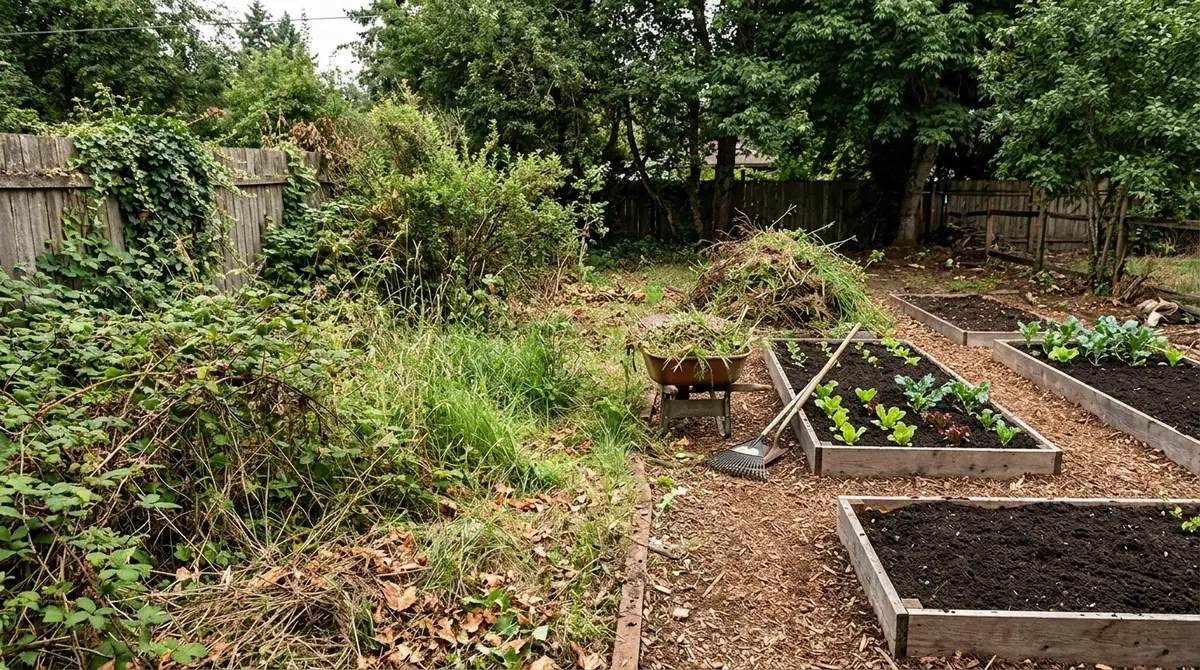 An overgrown yard next to raised garden beds and a wheelbarrow filled with weeds