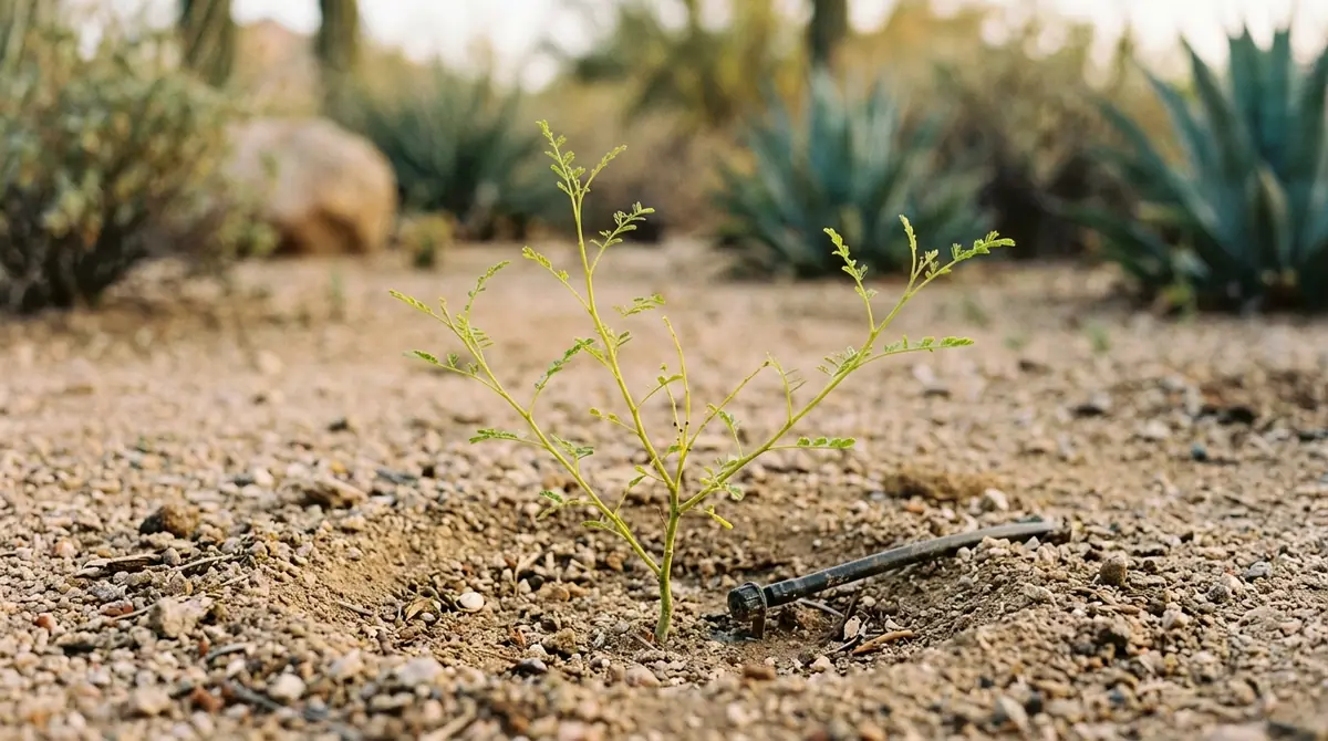 Young palo verde seedling planted in arid desert soil with a drip line nearby