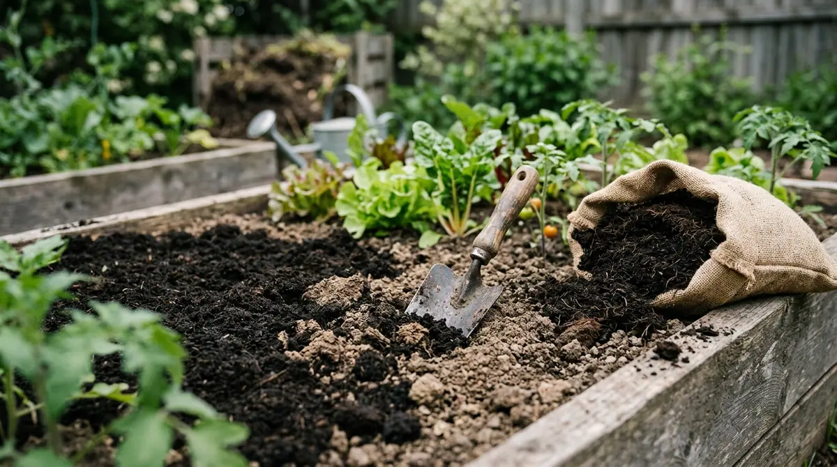 Burlap sack of dark peat humus and a trowel in a raised garden bed