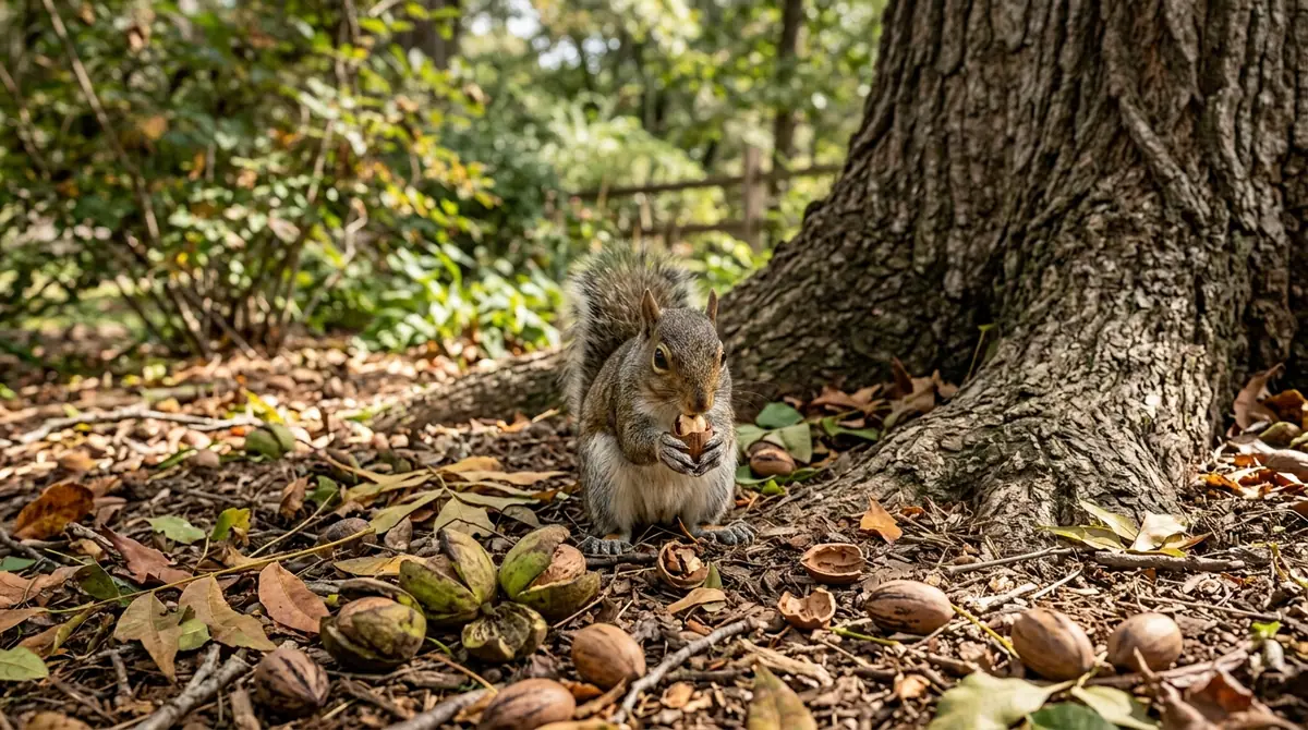 A grey squirrel eating a pecan near a tree trunk on the ground