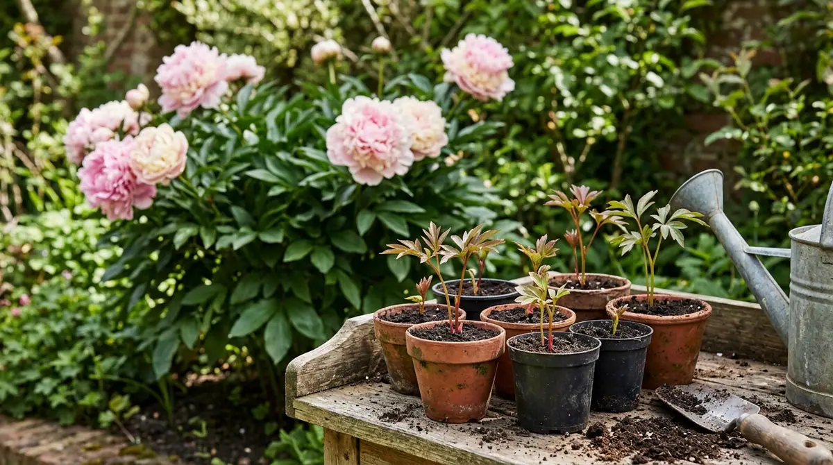 Young peony seedlings in small pots on a wooden potting bench with mature flowering peonies in the garden background