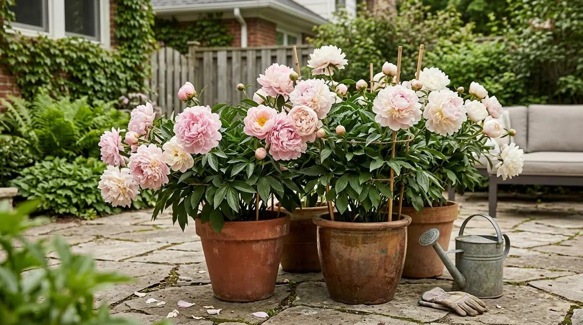 Potted pink and white peonies on a stone patio with a watering can
