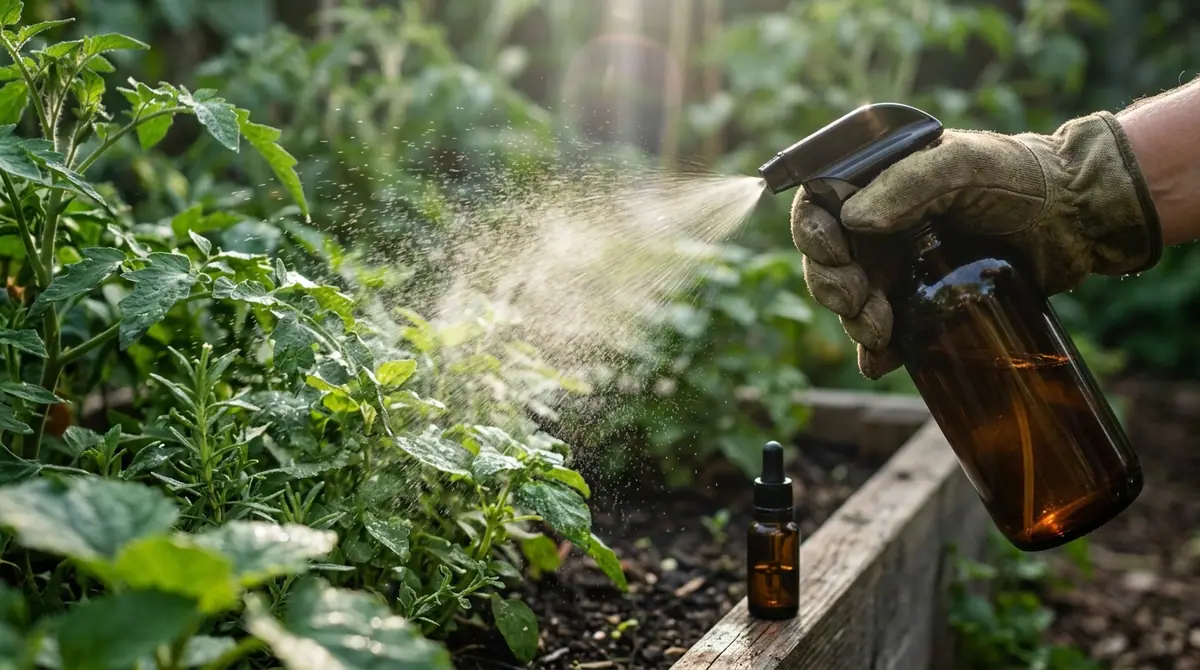Gloved hand spraying peppermint oil from a brown glass bottle onto garden plants